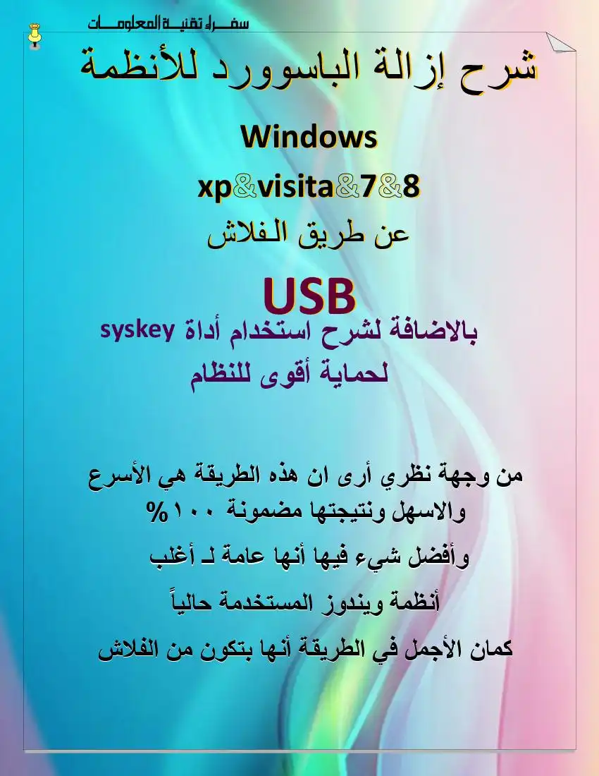 شرح إزالة الباسوورد للأنظمة Windows xp&visita&7&8 عن طريق الـفلاش USB