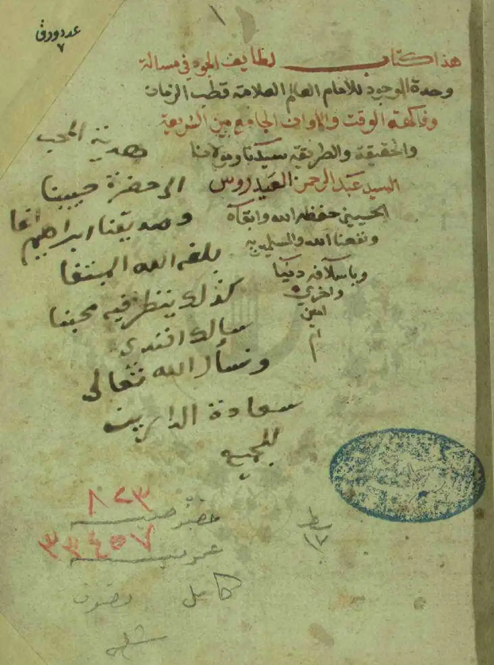 مخطوطة كتاب وحدة الوجود للعدروسي لشرح إبن عربي